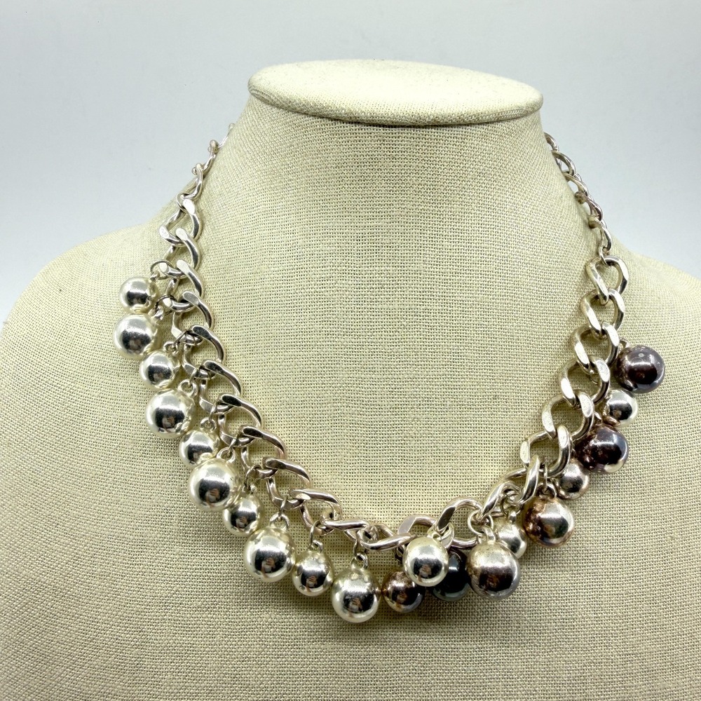 Silver Tone Ball Charm Fringe Chain Necklace Chunky Y2K Statement Jewelry Gift